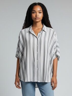Relaxed Grey & White Striped Button-Down Shirt Free Heart